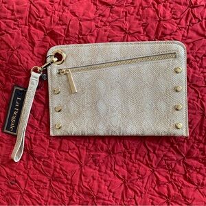 LA REGALE NWT Gold Clutch Gold Zipper Studs Wristlet Metallic Snakeskin Animal